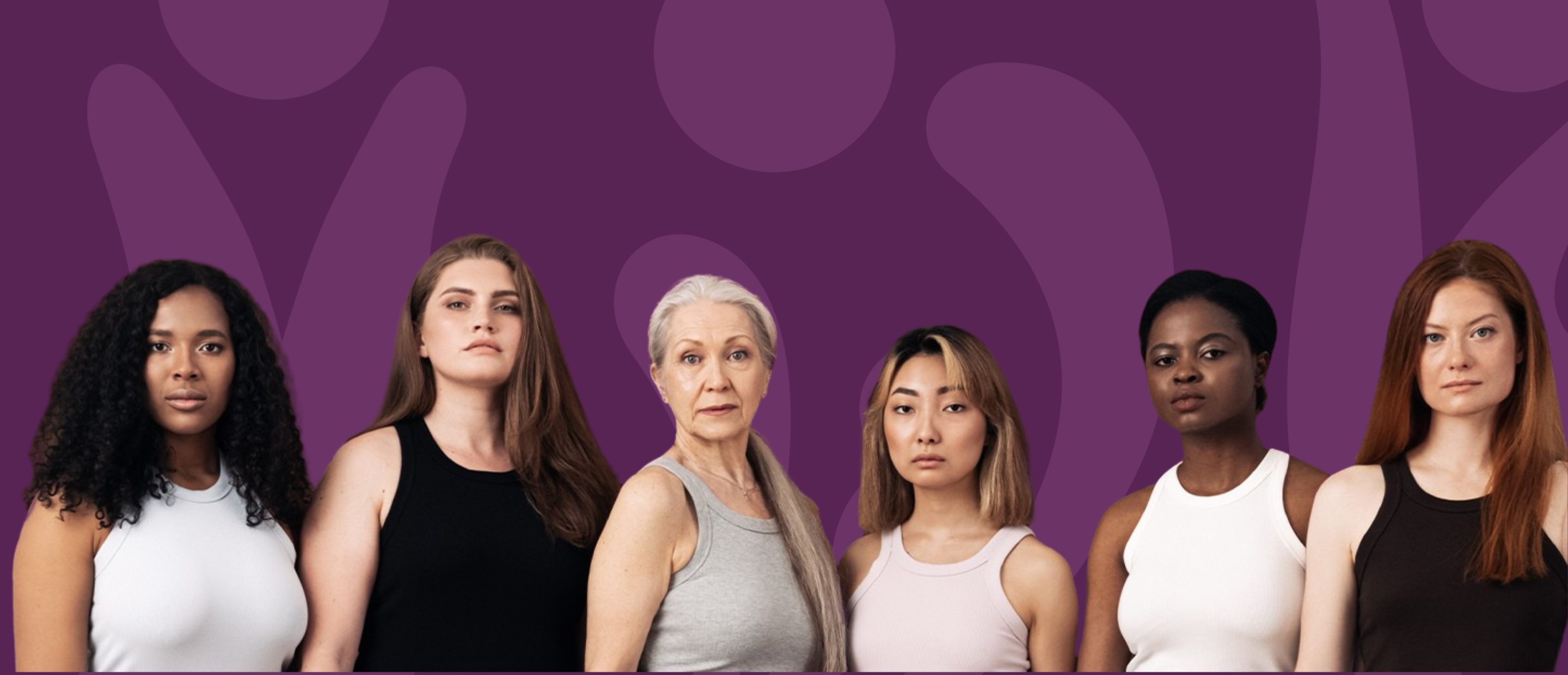 Group of six diverse women standing together against a purple background