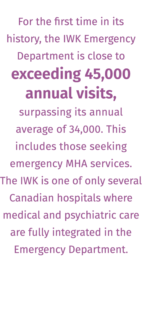 For the first time in its history, the IWK Emergency Department is close to exceeding 45,000 annual visits, surpassi...