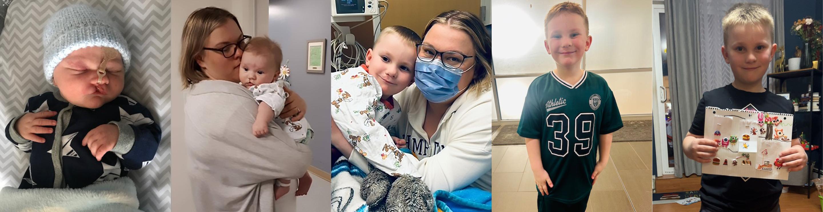 Five photos showing Wyatt from newborn to school-age, including hospital moments and holding a craft.