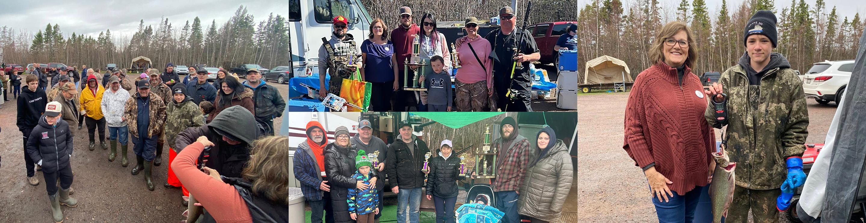 Fishing derby participants gather outdoors, pose with trophies, and display a prize-winning fish.