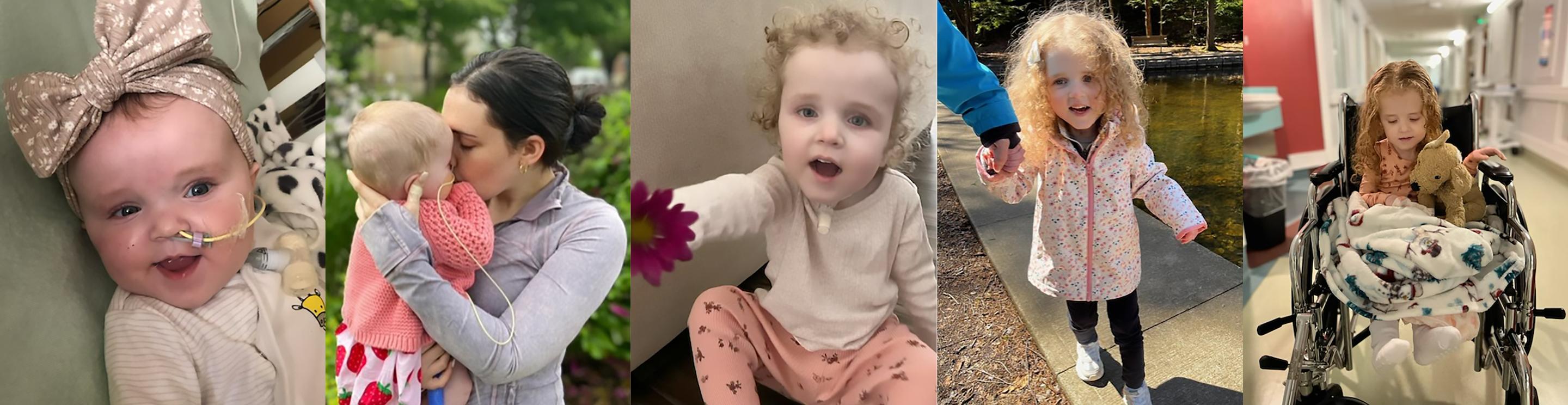 Elena's medical journey from infancy to toddlerhood, showing growth, hospital care, and walking outdoors.