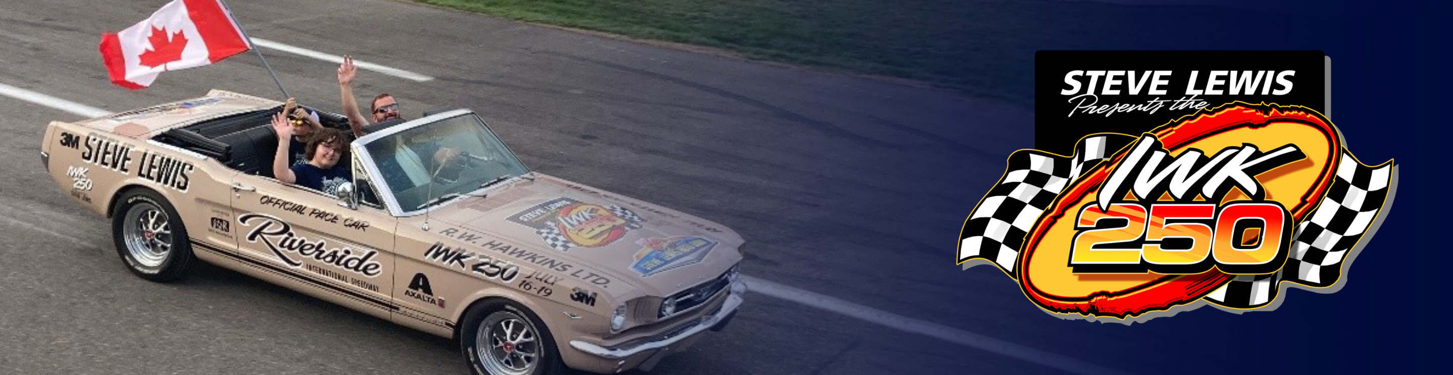 Vintage Mustang pace car carrying passengers waving a Canadian flag beside the IWK 250 event logo.