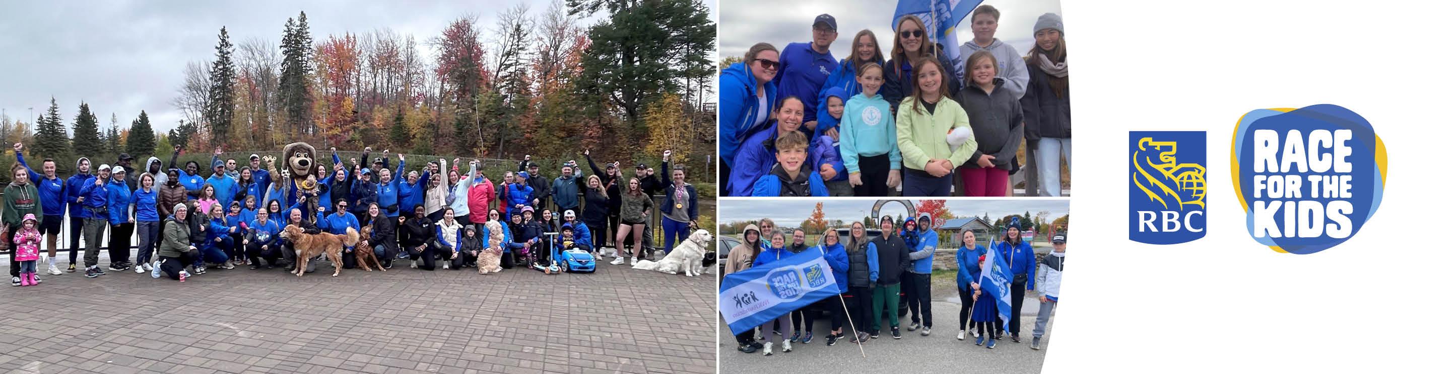 Participants posing outdoors with dogs for a Race for the Kids event, with RBC and Race for the Kids logos displayed on the right.
