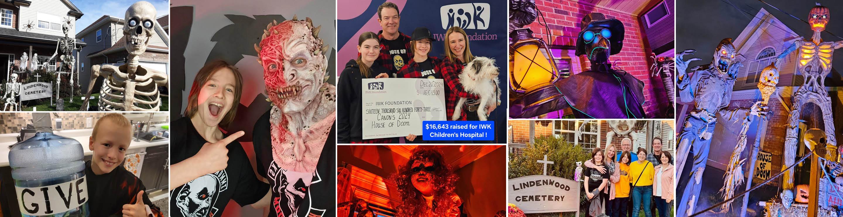 Collage of photos from House of Doom fundraiser, featuring skeleton decorations, people in costumes, a donation cheque, a child collecting donations, and groups posing outside Lindenwood Cemetery and the House of Doom attraction.