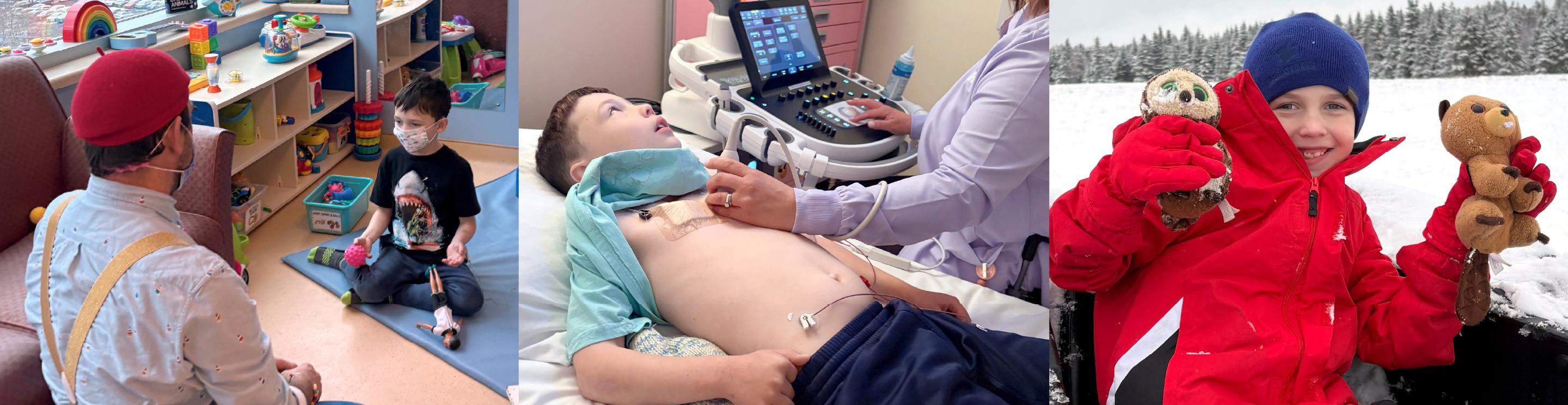 Three photos showing Ethan participating in play therapy, receiving an ultrasound exam, and enjoying an outdoor winter activity.