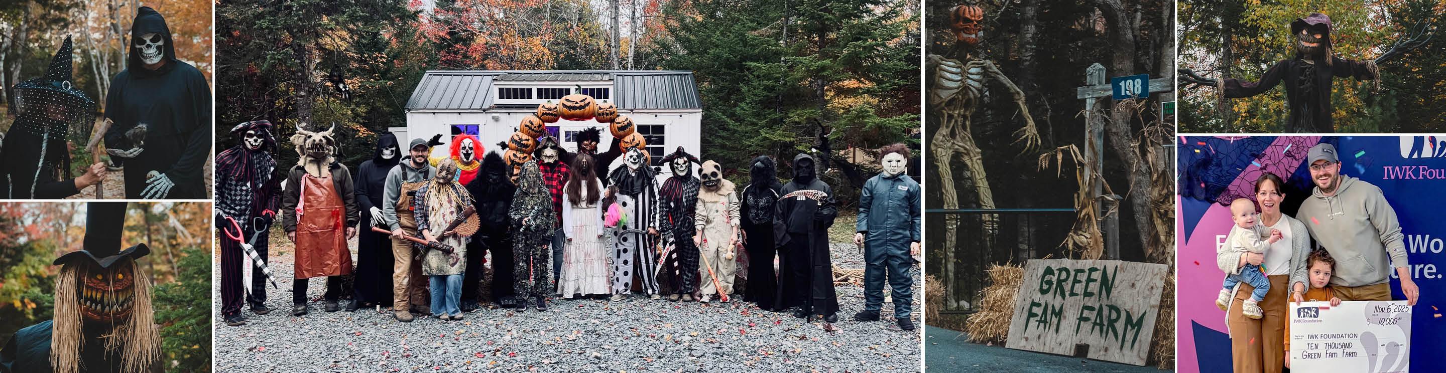 Halloween displays at Green Fam Farm featuring carved pumpkins, spooky characters and costumed figures among autumn trees.
