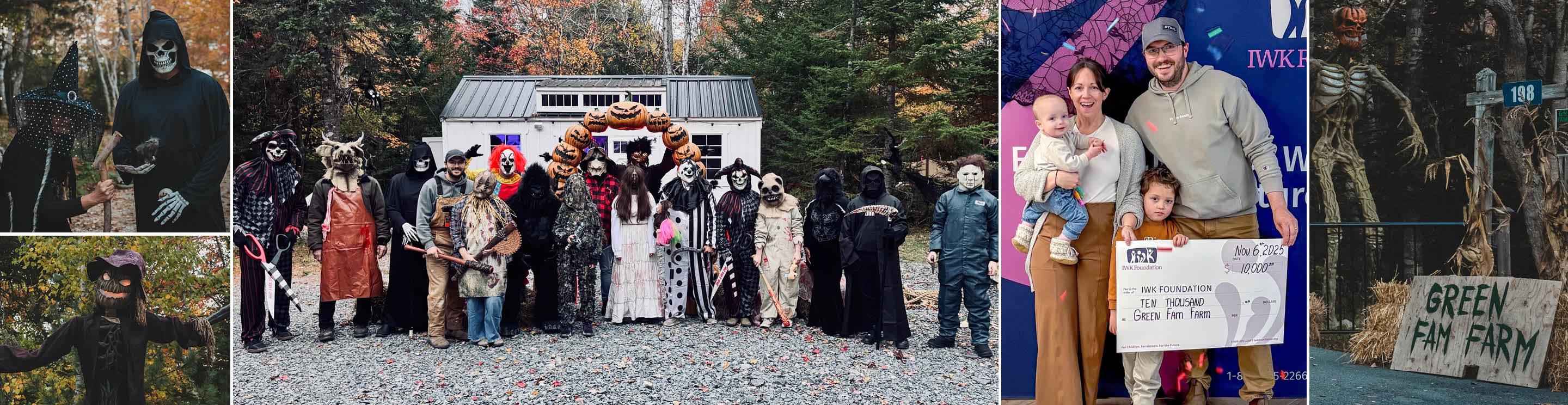 Halloween displays at Green Fam Farm featuring carved pumpkins, spooky characters and costumed figures among autumn trees.