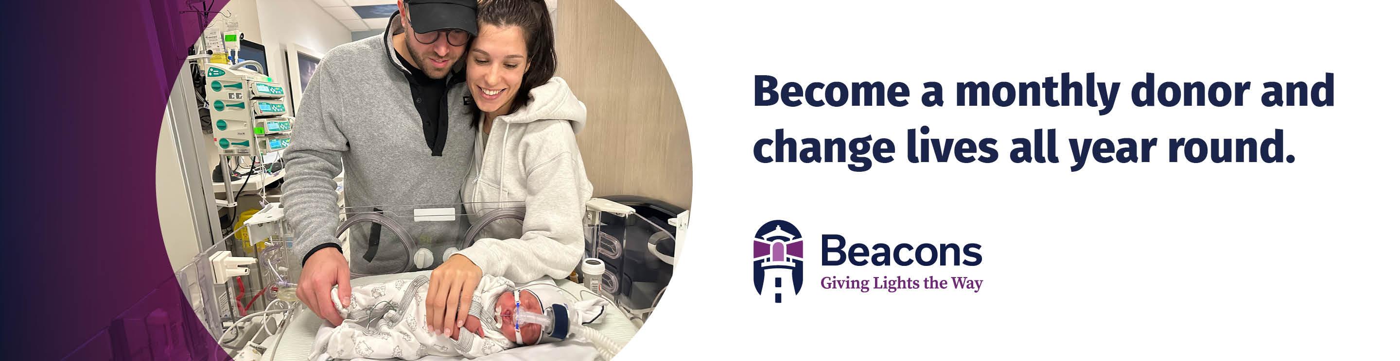 Parents caring for their newborn in an incubator beside text promoting monthly donations for the IWK.