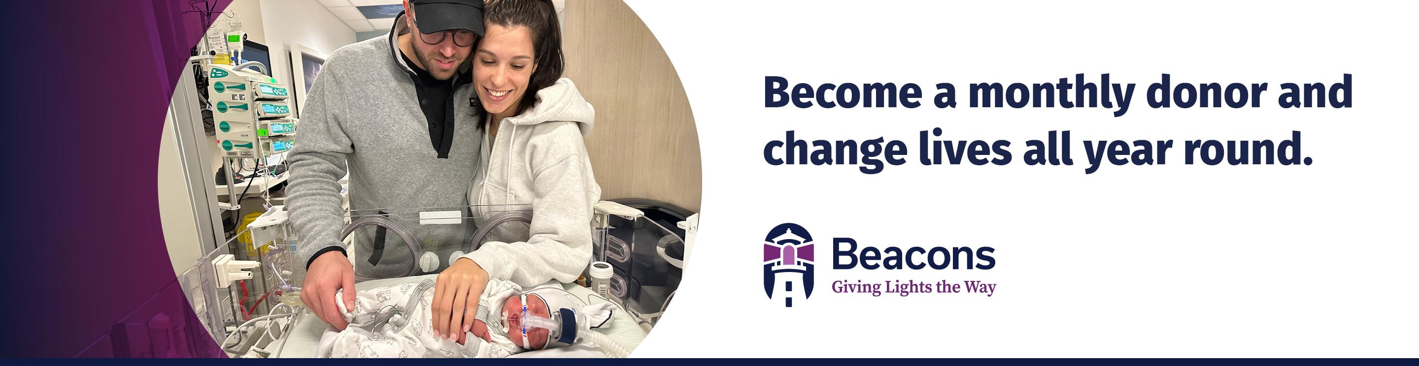 Parents caring for their newborn in an incubator beside text promoting monthly donations for the IWK.