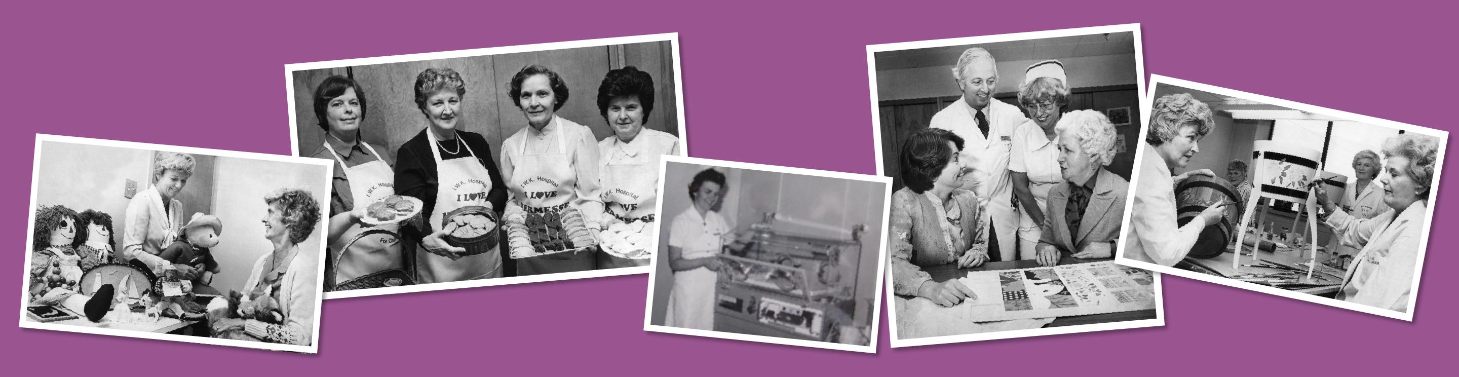Vintage black and white photo collage of IWK Auxiliary volunteers.