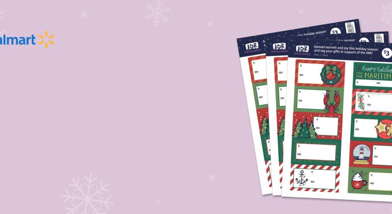 Holiday-themed IWK Foundation gift-tag sheets displayed on a purple background with snowflakes, alongside the Walmart logo.