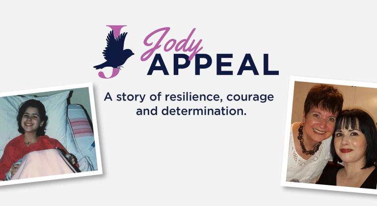 Jody Appeal banner with photos of Jody in hospital as a young woman and smiling with a loved one, highlighting resilience and determination.