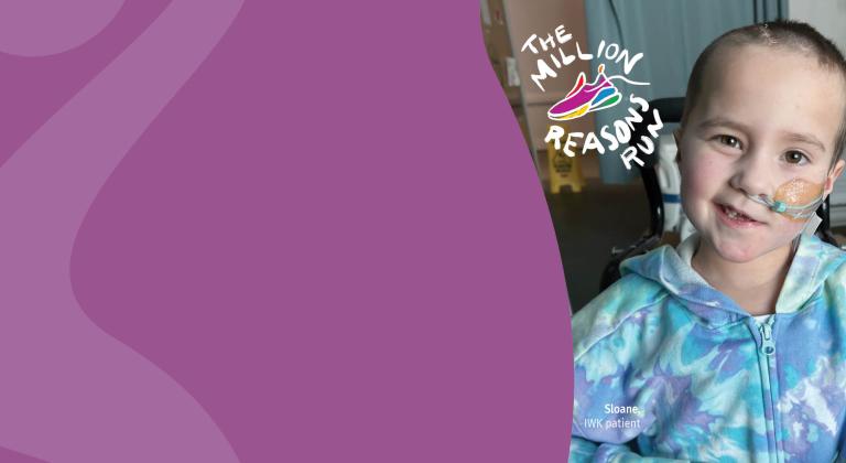 Sloane, an IWK patient, smiling while featured in The Million Reasons Run charity fundraiser supporting children’s hospital care.