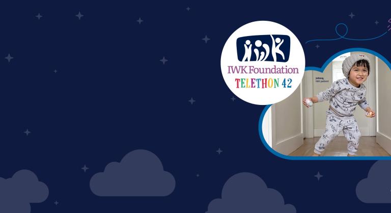 IWK Foundation Telethon 42 graphic featuring a smiling Johnny in pajamas against a starry blue background; CTV media sponsor.