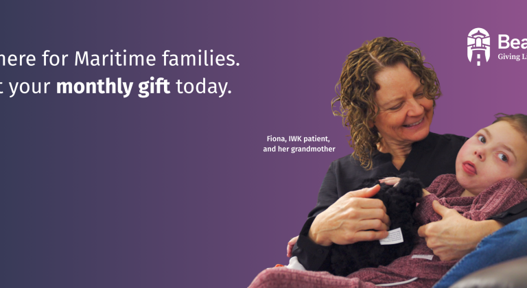 Fiona, an IWK patient, sitting with her grandmother, promoting monthly giving to support IWK families.