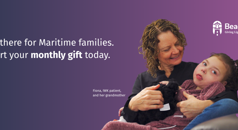 Fiona, an IWK patient, sitting with her grandmother, promoting monthly giving to support IWK families.