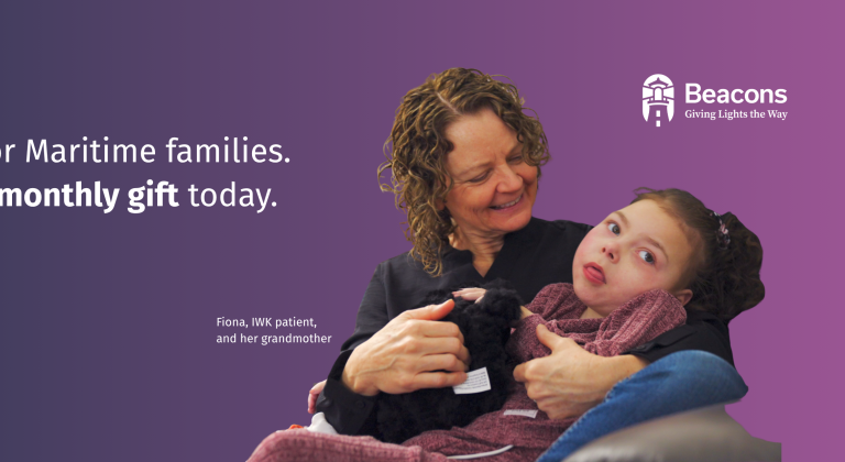 Fiona, an IWK patient, sitting with her grandmother, promoting monthly giving to support IWK families.