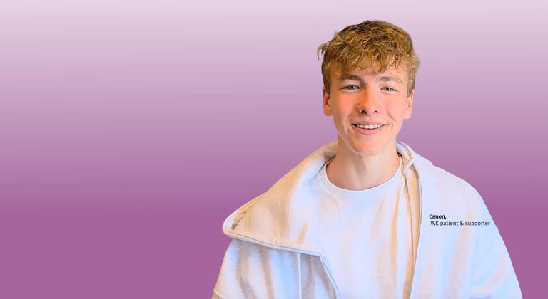 IWK Patient Canon in front of a purple gradient background, 2025/2026 Impact Report