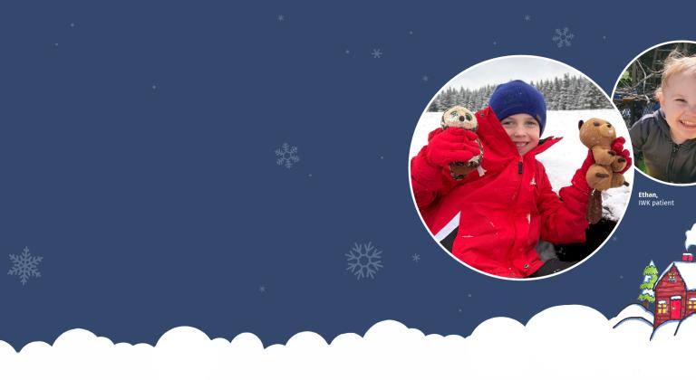 Holiday campaign graphic featuring Ethan, an IWK patient, shown in two outdoor photos against a snowy blue background with illustrated winter elements.