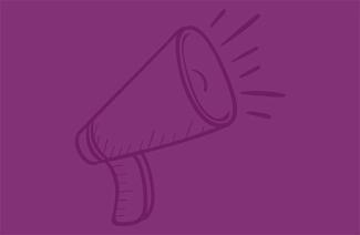 A stylized megaphone blasting sound against a purple background.