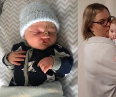 Five photos showing Wyatt from newborn to school-age, including hospital moments and holding a craft.