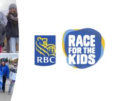 Participants posing outdoors with dogs for a Race for the Kids event, with RBC and Race for the Kids logos displayed on the right.
