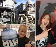 Collage of photos from House of Doom fundraiser, featuring skeleton decorations, people in costumes, a donation cheque, a child collecting donations, and groups posing outside Lindenwood Cemetery and the House of Doom attraction.