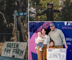 Halloween displays at Green Fam Farm featuring carved pumpkins, spooky characters and costumed figures among autumn trees.